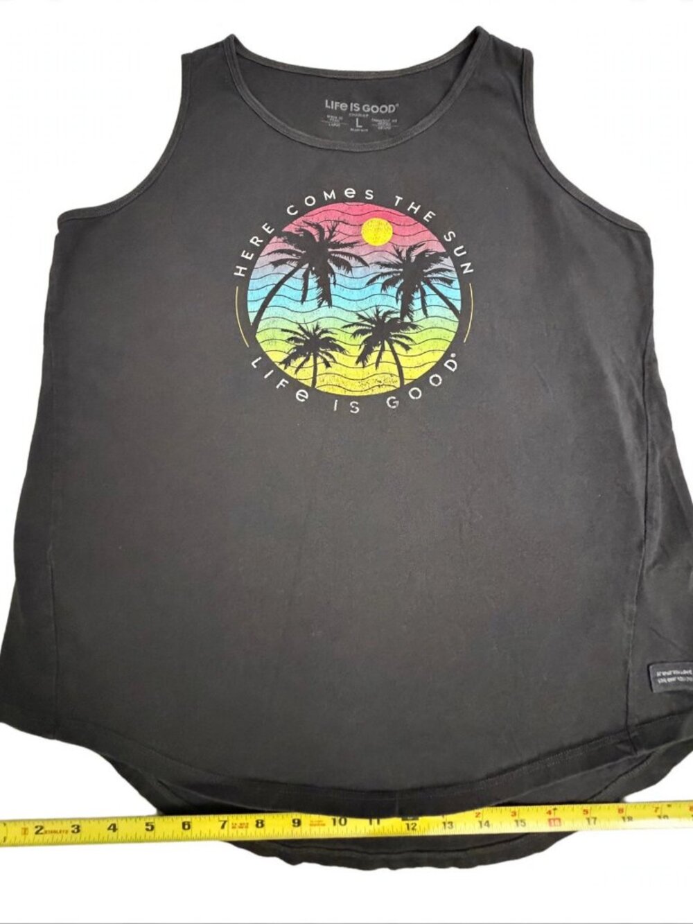 Life Is Good Tank Womens L Here Comes The Sun Palm Sunset Charcoal